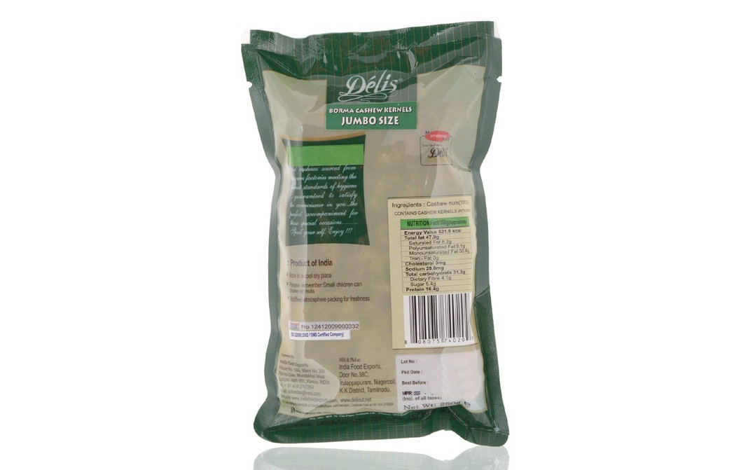 Delis Borma Cashew Kernels Jumbo Size   Pack  250 grams